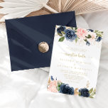 Den  Blommigten Guld Nuestra Boda Bröllop Inbjudningar<br><div class="desc">Den här marinens  blommigt guld nuestra boda bröllopsinbjudan är perfekt för ett rustiskt bröllop. Utformningen har vackra,  handmålade mörk blått,  blå,  marinerade,  rosa,   blommor,  blommor från guld och blad av grönt,  buntade i elegant bouquets.</div>