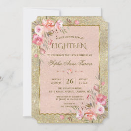Den  Blommigten i Luxury Guld Glitter 18:e födelse Inbjudningar
