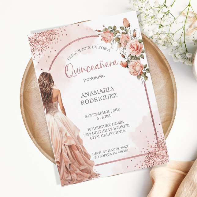 Den  Blommigten Quinceanera i Glitter vid ro Inbjudningar (Skapare uppladdad)
