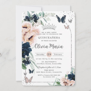 Den Blommigten Silver Butterflies Quinceañera Inbjudningar