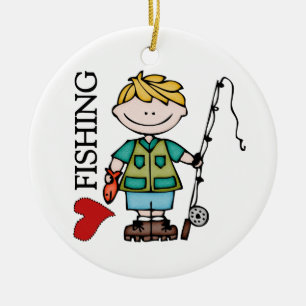 Den blonda pojken älskar jag fiske julgransprydnad keramik