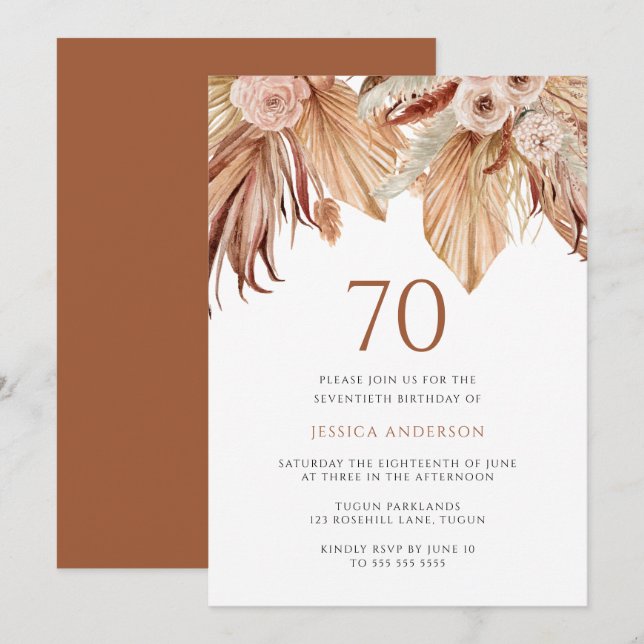 Den bohemiska Blommigten Terracotta Boho 70:e föde Inbjudningar (Fram/baksida)