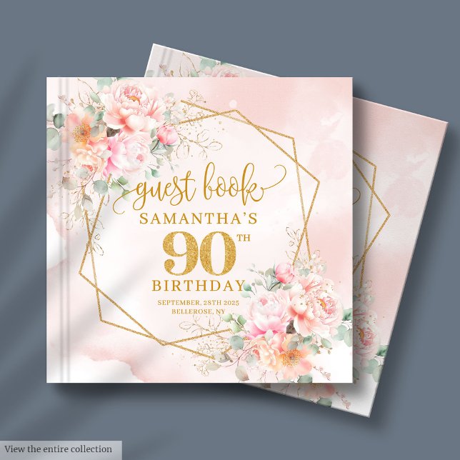 Den bohemiska Chicen  Rosa Guld Blommigt 90:e föde Gästböcker (Bohemian Chic Blush Pink Gold Floral 90th Birthday Guest Book )