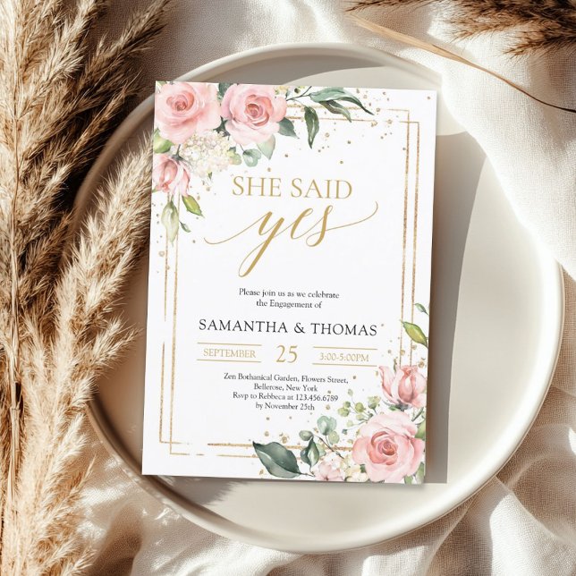 Den bohemiske  rosa blommigt guld sa ja inbjudningar (Bohemian blush pink floral gold she said yes invitation)