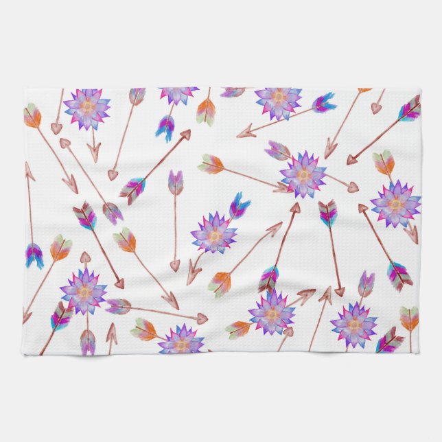 Den Boho vattenfärgen räcker den målade blomman Kökshandduk (Horisontell)