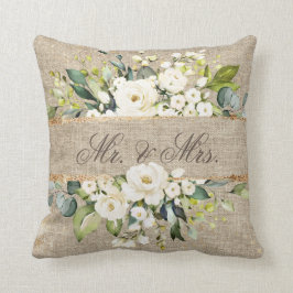 Den botaniska Blommigten Linen Rustic, White Guld Kudde