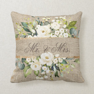 Den botaniska Blommigten Linen Rustic, White Guld Kudde