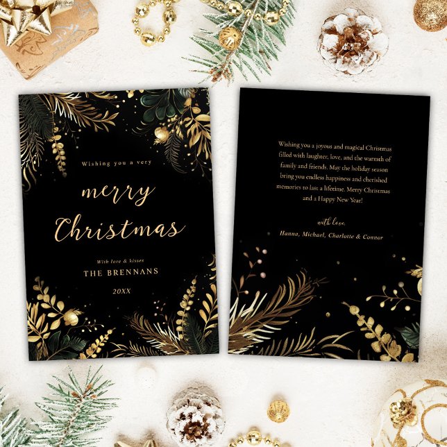 Den botaniska svarta Guld Modern Elegant Julkort (Christmas Botanical Black Gold Modern Elegant Holiday Card)