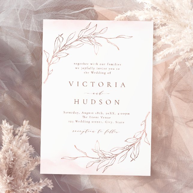 Den botaniska utandningskrisen vid ro guld vid brö inbjudningar (Rose gold simple botanical wreath rustic wedding invitation)