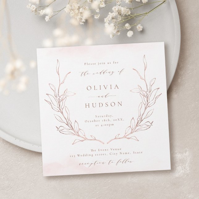 Den botaniska utandningskrisen vid ro guld vid brö inbjudningar (Rose gold simple botanical wreath rustic wedding invitation)
