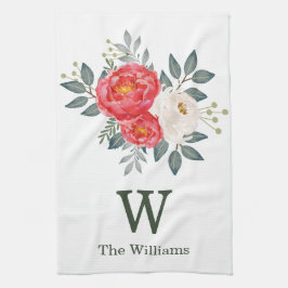 Den botaniskt blom- monogramen/rött & vit blommar kökshandduk