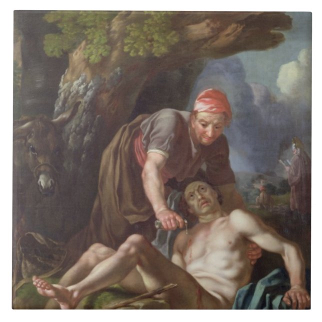 Den bra barnsamariten, c.1751-52 (olja på kanfas) kakelplatta (Framsidan)