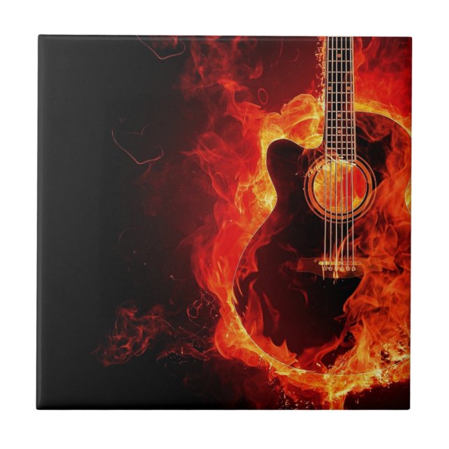 Den brinna gitarren, orange flammar musikrockband kakelplatta (Framsidan)