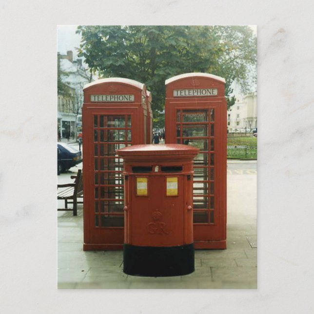 Den brittiska pelarboxen och telefonkiosker vykort (Framsida)