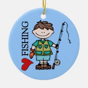 Den bruna hårpojken älskar jag fiske julgransprydnad keramik