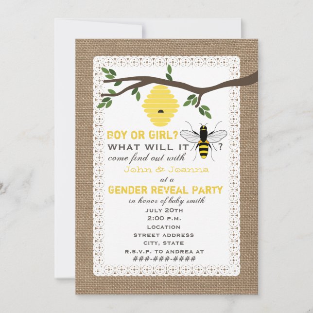 Den Burlap inspirerade Themed gender för biet Inbjudningar (Framsida)