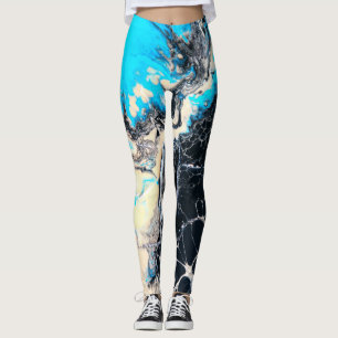 Den Cyan och svart fluid akrylen målar konstarbet Leggings