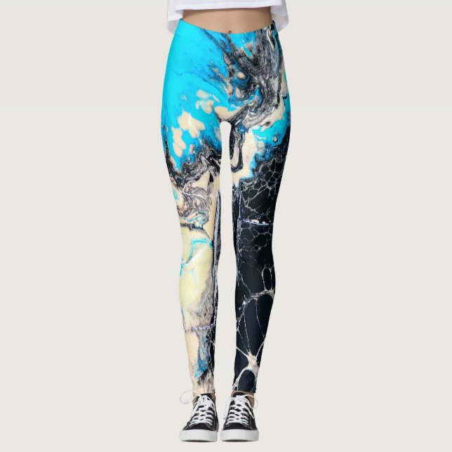 Den Cyan och svart fluid akrylen målar konstarbete Leggings (Framsida)