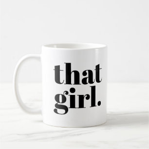 Den där tjejen, fetstilt svart, vit typografi kaffemugg