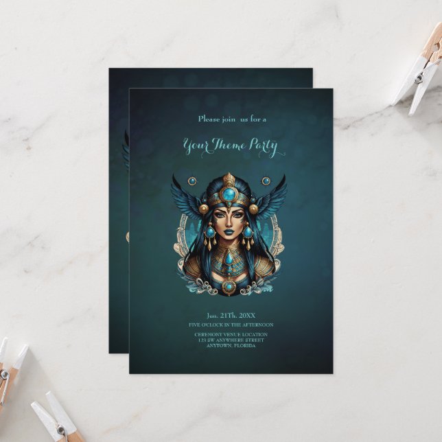 Den egyptiska gudinna Isis i blå färg. Inbjudningar (Fram/Back In Situ)