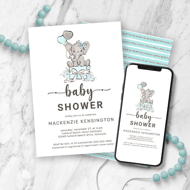 Den elefant-babystölden Cute Teal Glitter Silver Inbjudningar (Skapare uppladdad)