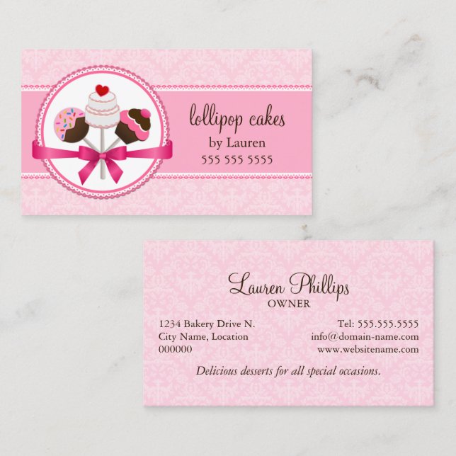 Den eleganta damastast tårtan poppar bagerit visitkort (Fram/baksida)