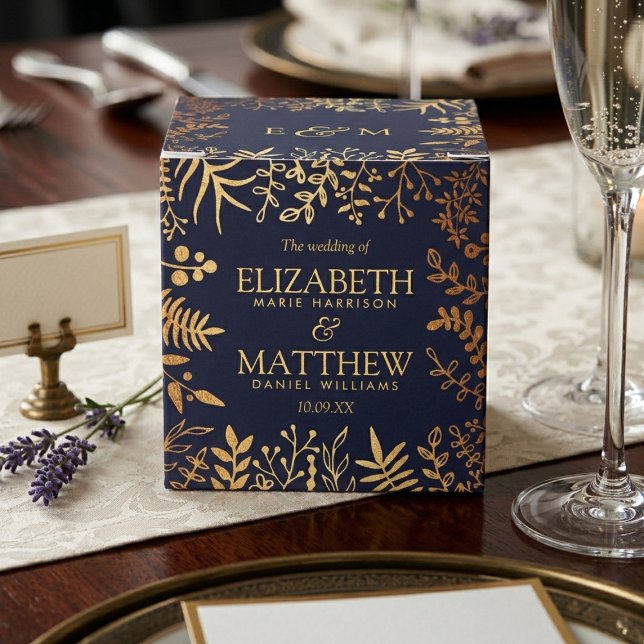 Den Eleganta Navy & Guld Blommiga Bröllopssamlinge Presentaskar (Skapare uppladdad)