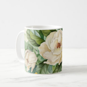 Den eleganta vitmagnoliaen blommar i vattenfärg kaffemugg