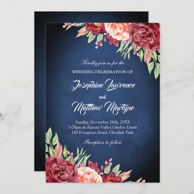 Den  Elegantens Blommigt Bröllop i marinblå burgun Inbjudningar (Fram/baksida)