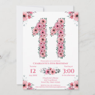 Den elfte Grönten på födelsedagen: Rosa Blommor fö Inbjudningar