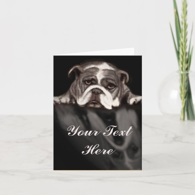 Den emotionella ledsna bulldoggen noterar kortet kort (Framsida)
