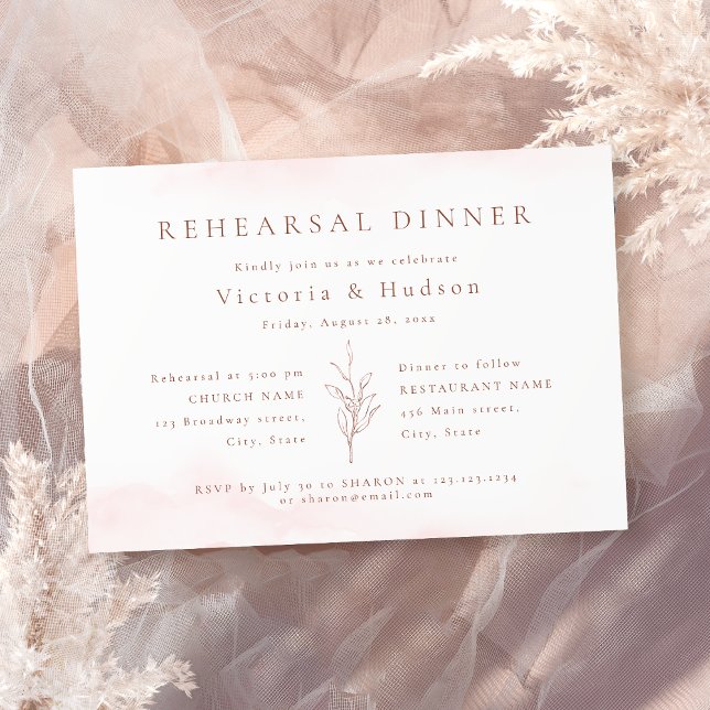 Den enkla botaniska löven i ro är en rehearsal mid inbjudningar (Rose gold simple botanical leaves rehearsal dinner invitation)