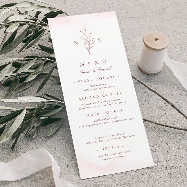 Den enkla eleganten löv i Ro, bröllop Meny (Rose gold simple elegant leaves monogram wedding menu)
