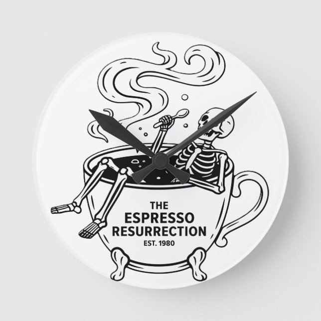 Den Espresso-upståndelsen Roliga Skelett Kaffe Rund Klocka (Framsida)