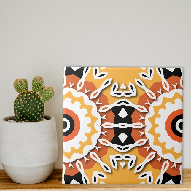 Den etniska Orangen Black & White Damask Mosaic Mö Kakelplatta (Skapare uppladdad)