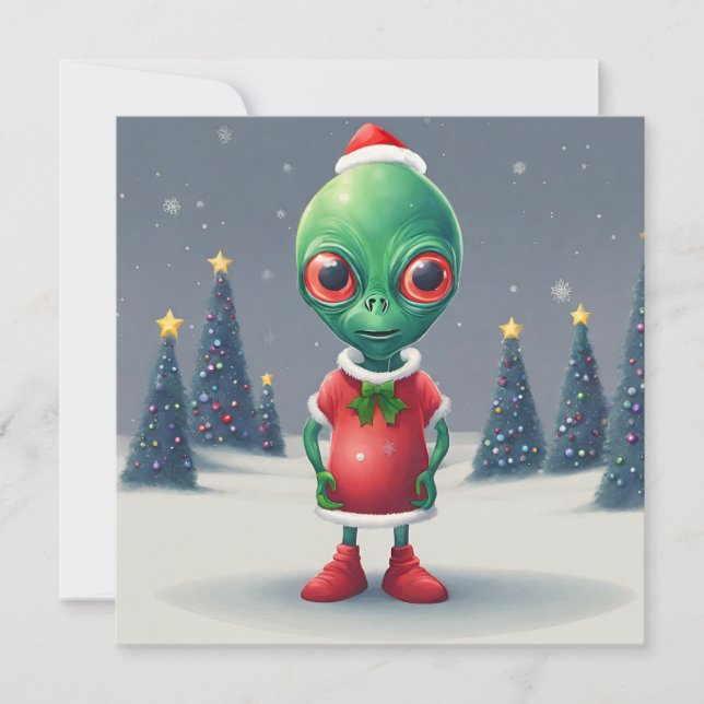 Den fantastiska Grönten Alien och Julgranar Julkort (Framsida)