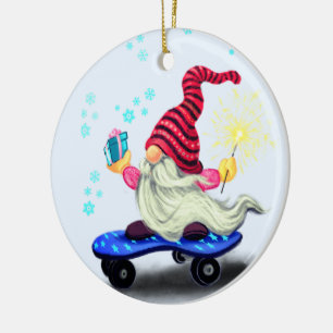 Den fantastiska julfesten Skater Gnome med gåvor Julgransprydnad Keramik
