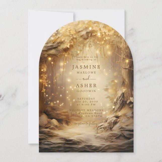 Den fantastiska skogsportalen Etheral Guld Bröllop Inbjudningar (Framsida)