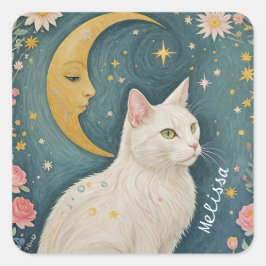 Den fantastiska vitkatten med Grönt Ögon Fyrkantigt Klistermärke
