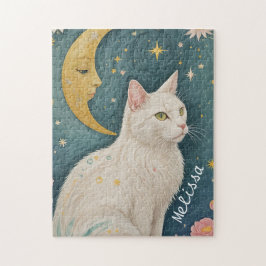 Den fantastiska vitkatten med Grönt Ögon Pussel