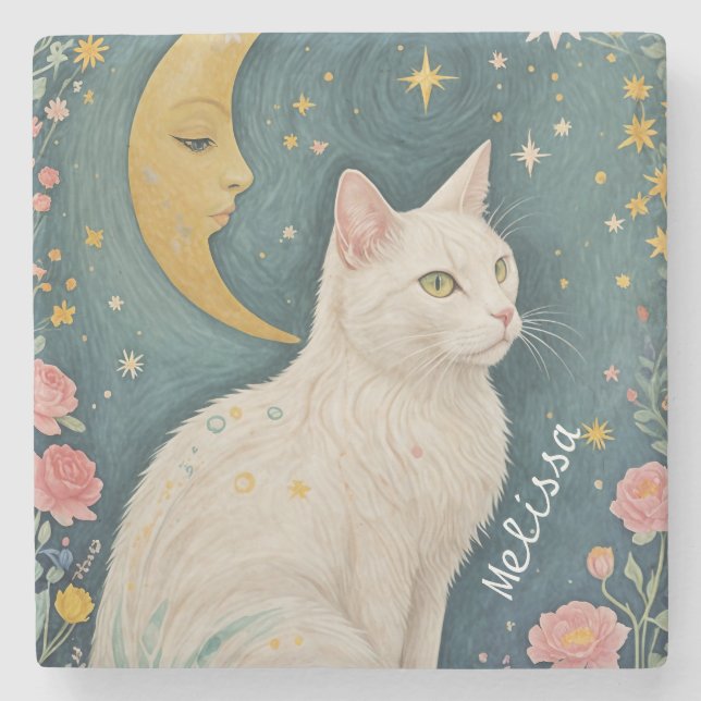 Den fantastiska vitkatten med Grönt Ögon Stenunderlägg (Framsidan)