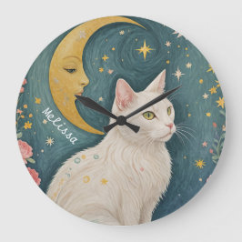 Den fantastiska vitkatten med Grönt Ögon Stor Klocka