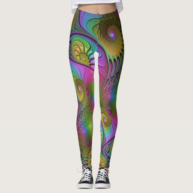 Den färgglada lysande moderna abstrakta fraktala k leggings (Framsida)
