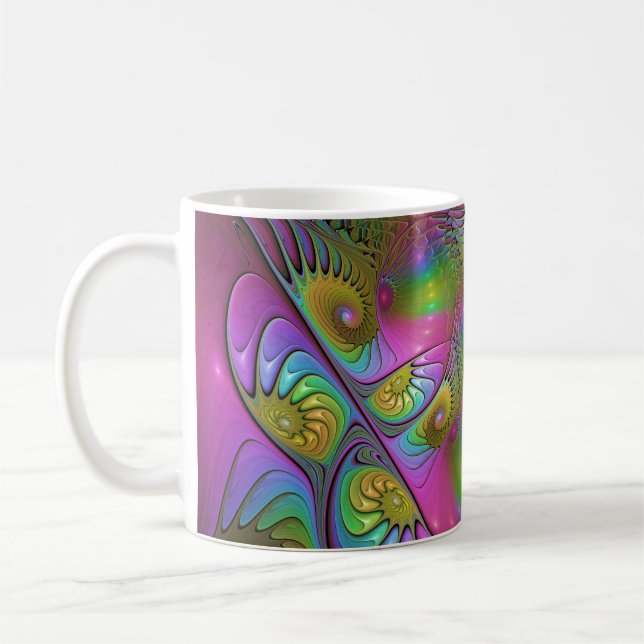 Den färgglada lysande trippiga abstrakta fraktalko kaffemugg (Vänster)