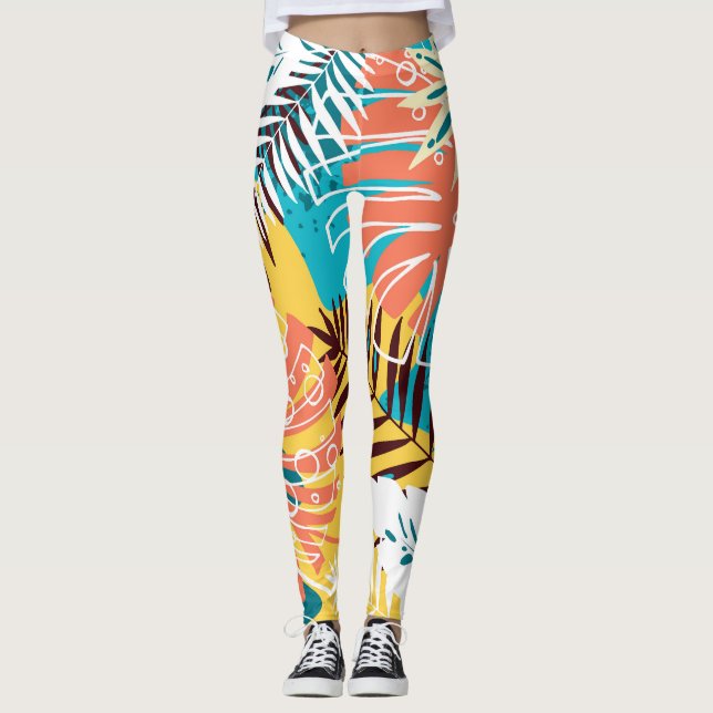 Den färgstarka tropiska djungeln lämnar mönster. leggings (Framsida)