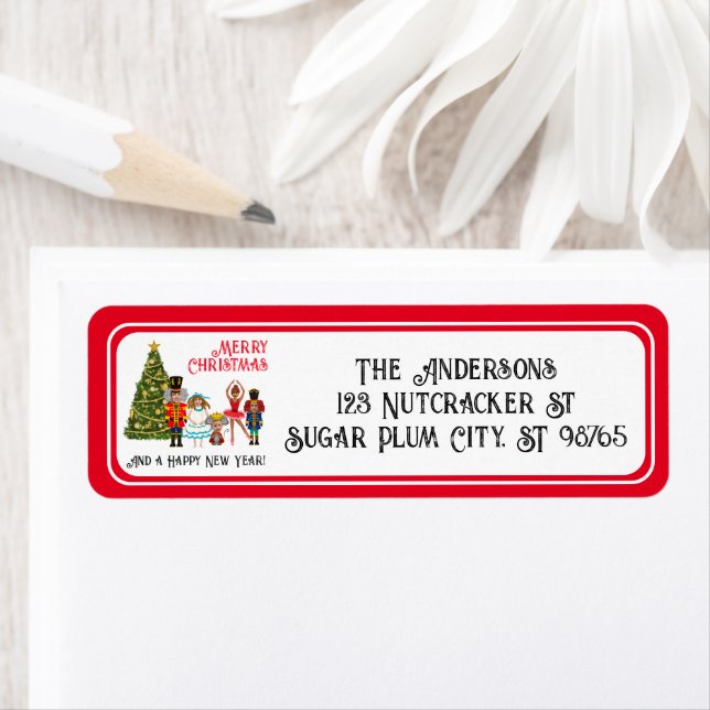 Den fina Nutcracker-familjen med fem Röda jular Returadress Etikett (Insitu)