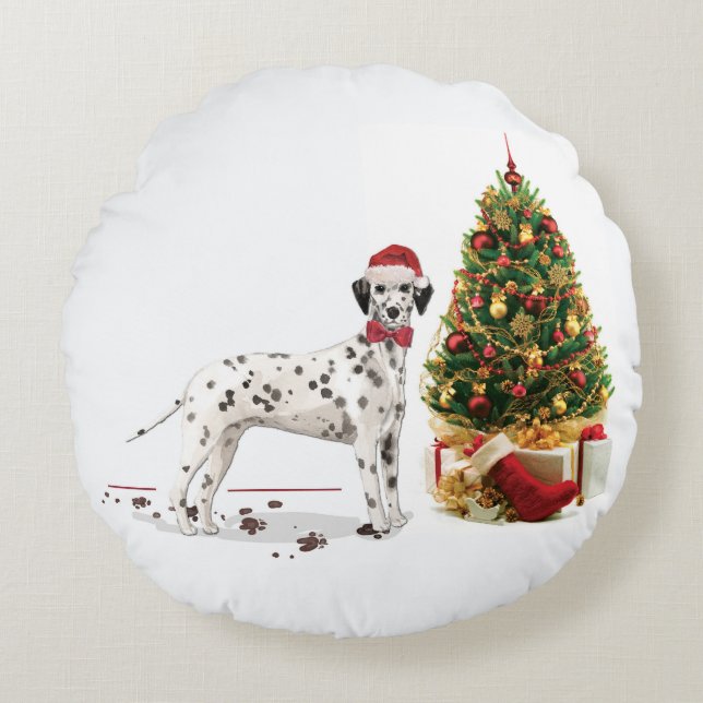 Den finniga jul Dalmatien Hund och Träd Rund Kudde (Framsidan)