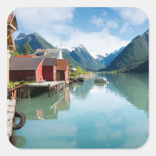 Den Fjaerlandsfjord fjorden landskap i norge Fyrkantigt Klistermärke