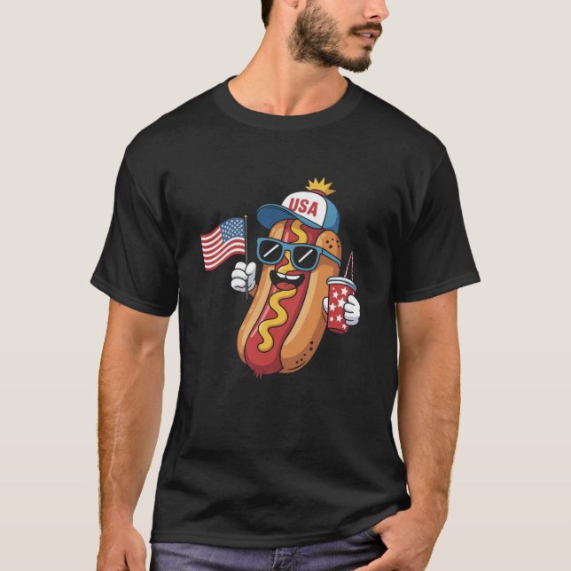 Den fjärde juli Hotdog Patriotic USA flagga 4:e ju T Shirt (Framsida)