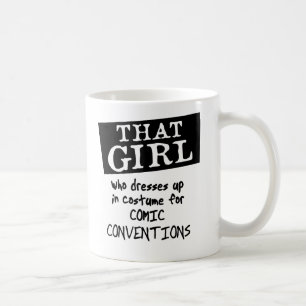 DEN FLICKA, som klär upp i dräkten för tecknad, Kaffemugg